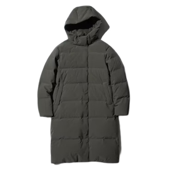UNIQLO • Gray Long Hooded Seamless Puffer Coat - Picture 1 of 5
